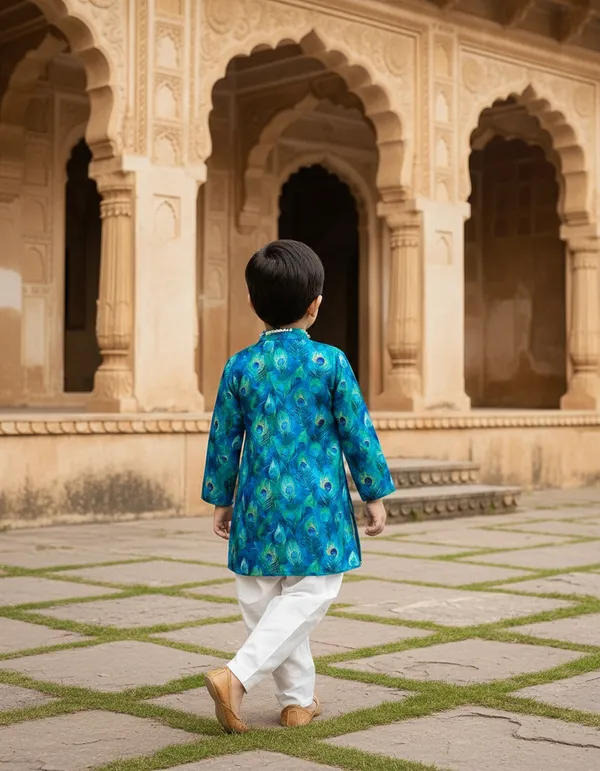Blue_And_White_Peacock_Print_2_Piece_Cotton_Kurta_Pyjama_Set_For_Boys