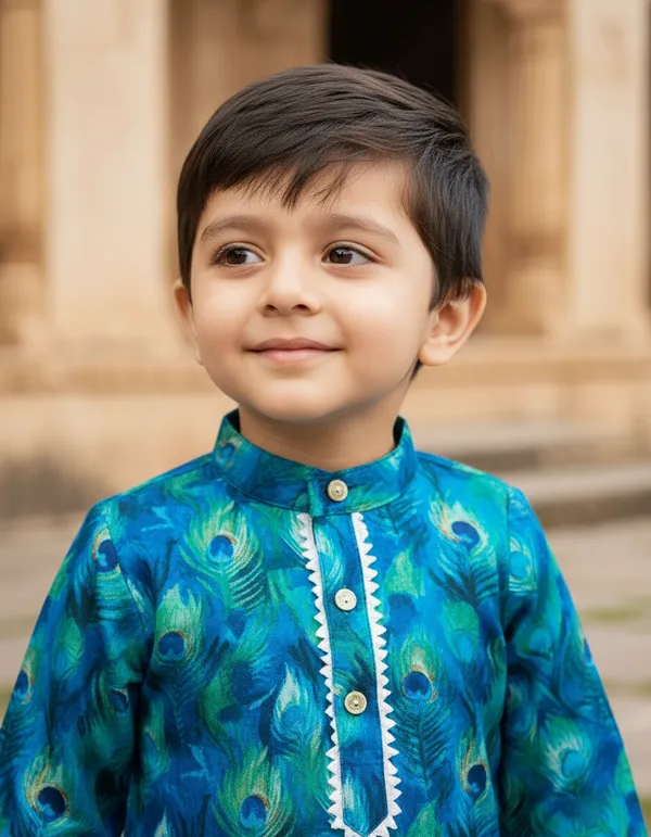 Blue_And_White_Peacock_Print_2_Piece_Cotton_Kurta_Pyjama_Set_For_Boys
