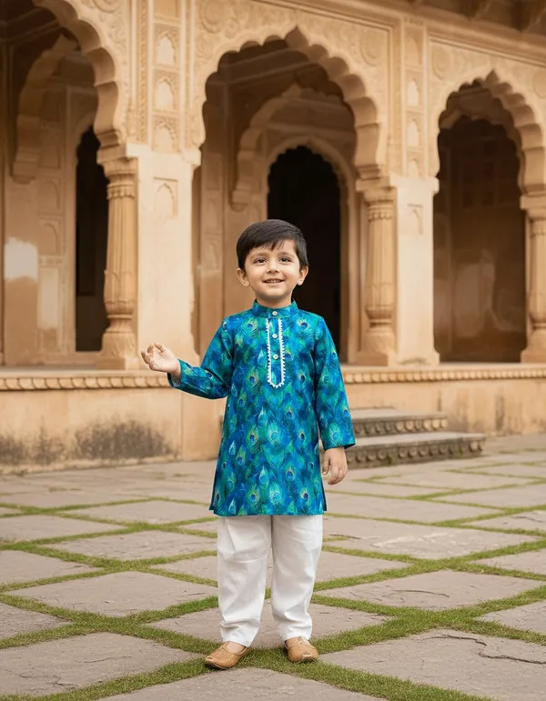 Blue_And_White_Peacock_Print_2_Piece_Cotton_Kurta_Pyjama_Set_For_Boys