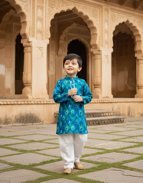 Blue_And_White_Peacock_Print_2_Piece_Cotton_Kurta_Pyjama_Set_For_Boys
