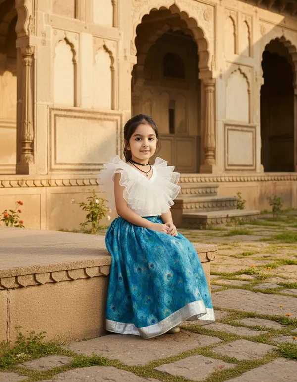 Blue_And_White_2_Piece_Ruffle_Top_With_Digital_Printed_Skirt_Set_For_Girls