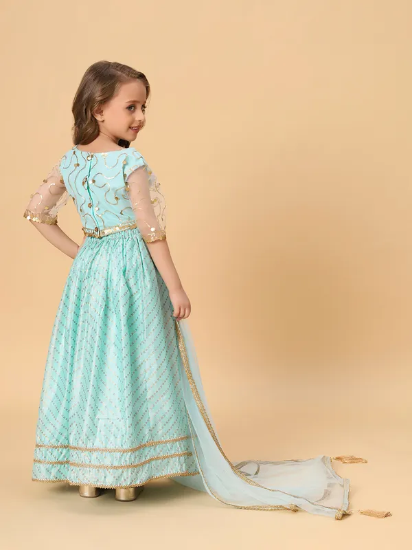 Aqua_Blue_Three_Piece_Party_Wear_Lehnga_Top_Dupatta_Set_For_Girls