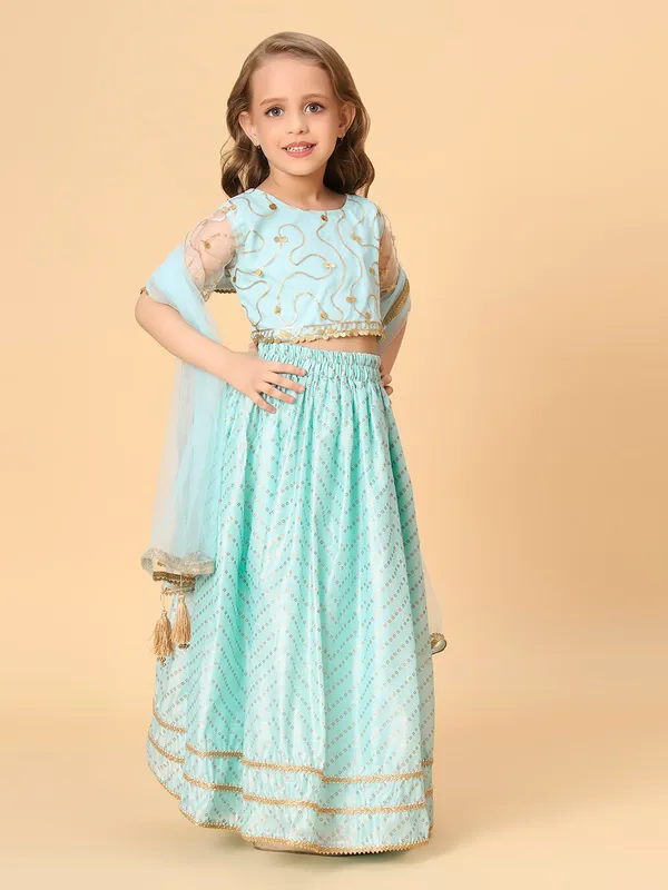 Aqua_Blue_Three_Piece_Party_Wear_Lehnga_Top_Dupatta_Set_For_Girls
