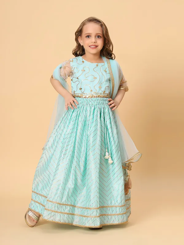 Aqua_Blue_Three_Piece_Party_Wear_Lehnga_Top_Dupatta_Set_For_Girls