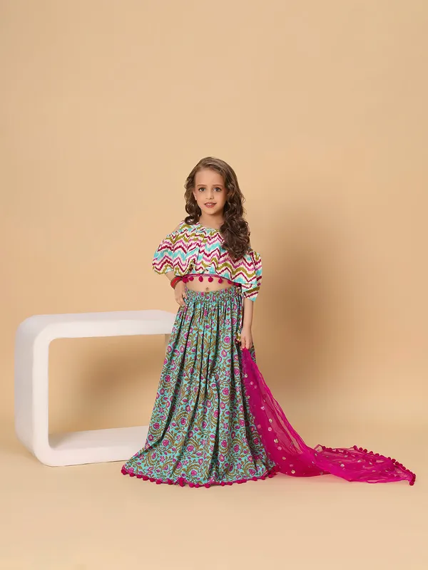 Turqoise_Three_Piece_Green_Party_Wear_Lehnga_Top_Dupatta_Set_For_Girls