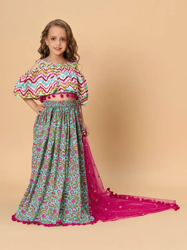 Turqoise_Three_Piece_Green_Party_Wear_Lehnga_Top_Dupatta_Set_For_Girls