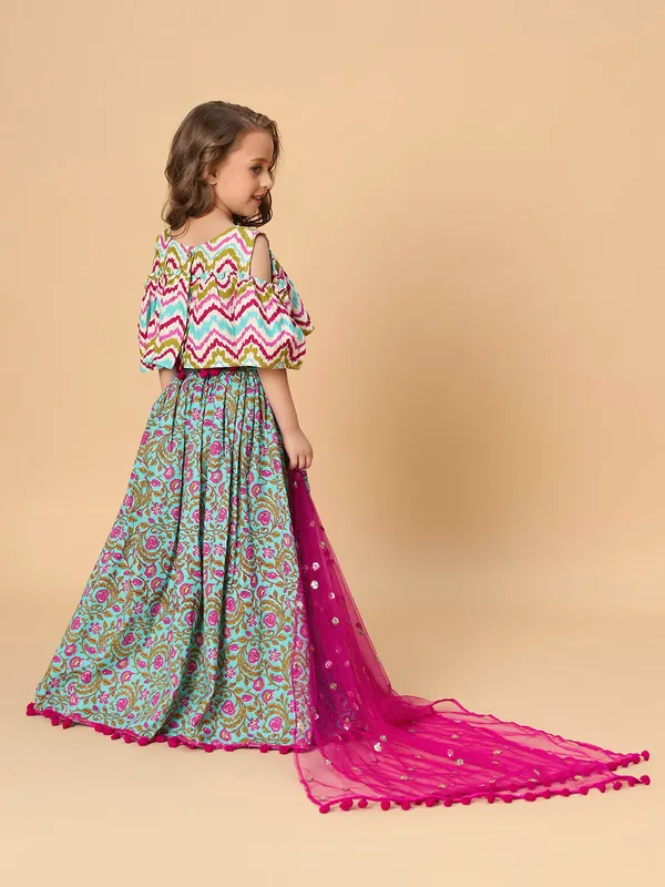 Turqoise_Three_Piece_Green_Party_Wear_Lehnga_Top_Dupatta_Set_For_Girls