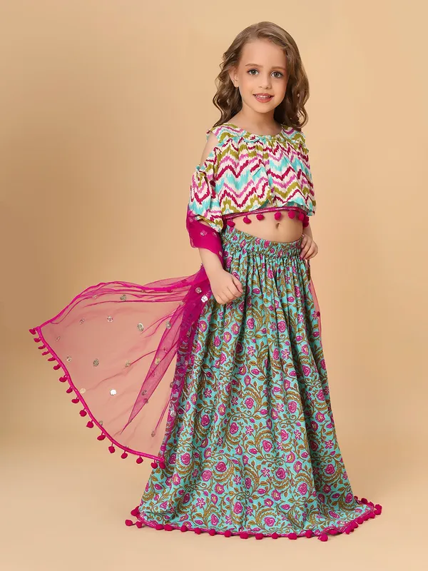 Turqoise_Three_Piece_Green_Party_Wear_Lehnga_Top_Dupatta_Set_For_Girls