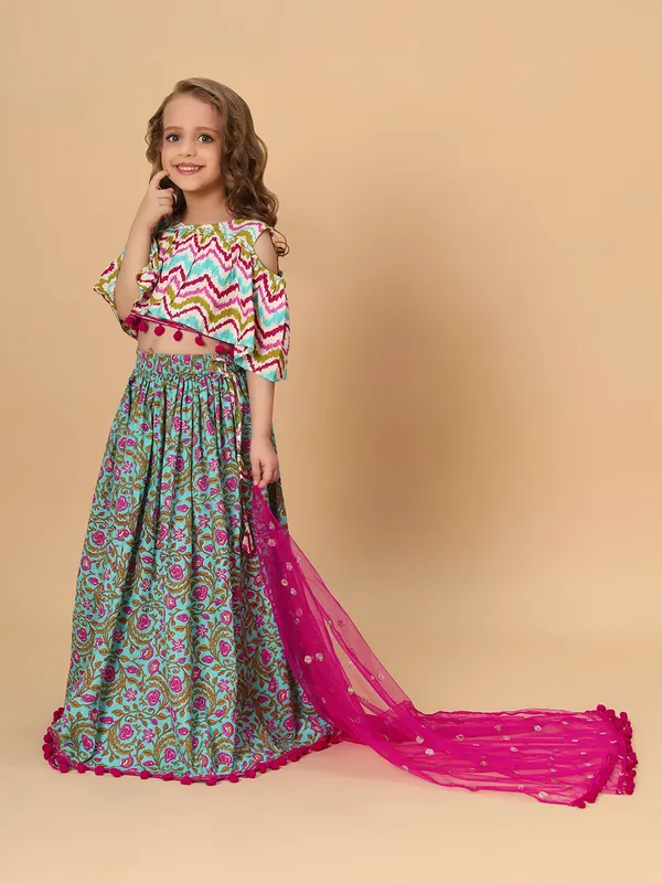 Turqoise_Three_Piece_Green_Party_Wear_Lehnga_Top_Dupatta_Set_For_Girls