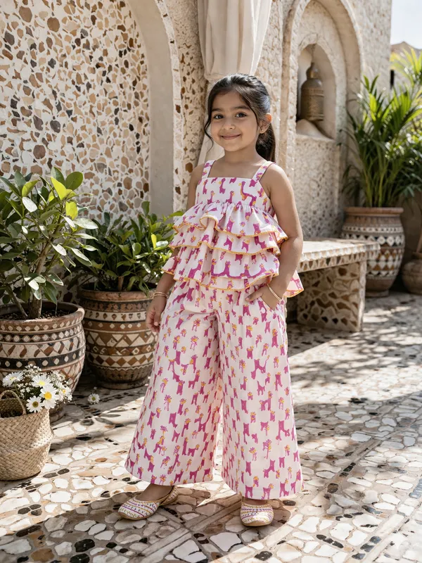 Pink_&_White_Giraffe_Cotton_Hand_Block_Printed_Co-Ord_Set_with_Layered_Top_&_Pants_for_Girls