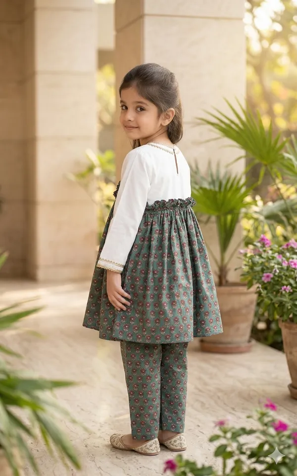 Elegant_Teal_Green_Hand_Block_Printed_Girls_Top_&_Pant_Set
