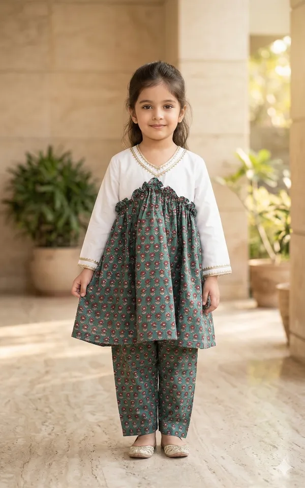 Elegant_Teal_Green_Hand_Block_Printed_Girls_Top_&_Pant_Set