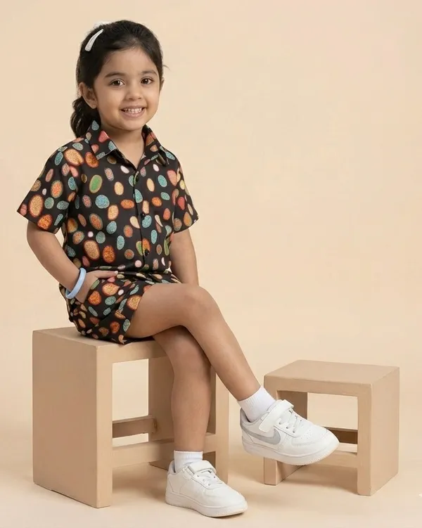Kids_Unisex_Black_Multicolor_Dot_Print_Premium_Cotton_Co-Ord_Set