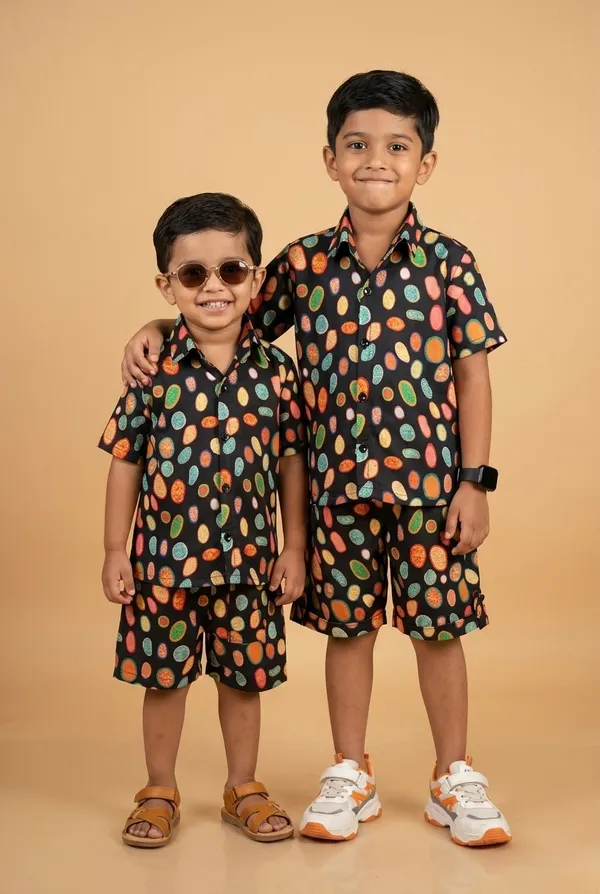 Kids_Unisex_Black_Multicolor_Dot_Print_Premium_Cotton_Co-Ord_Set