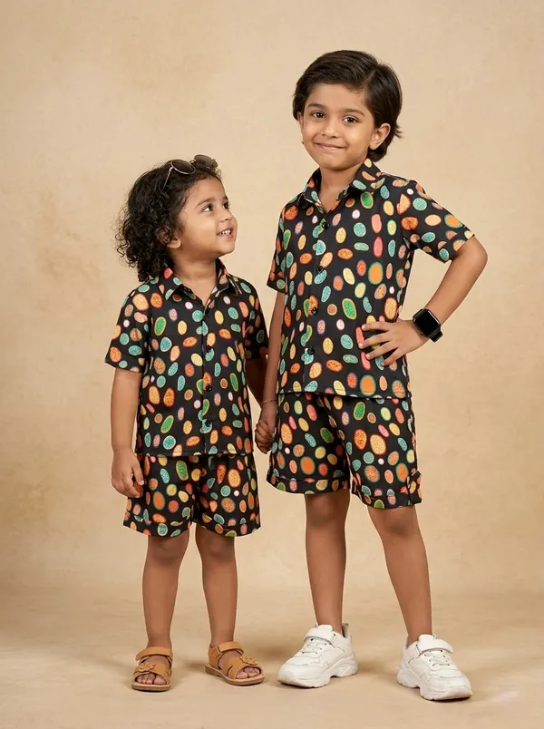 Kids_Unisex_Black_Multicolor_Dot_Print_Premium_Cotton_Co-Ord_Set