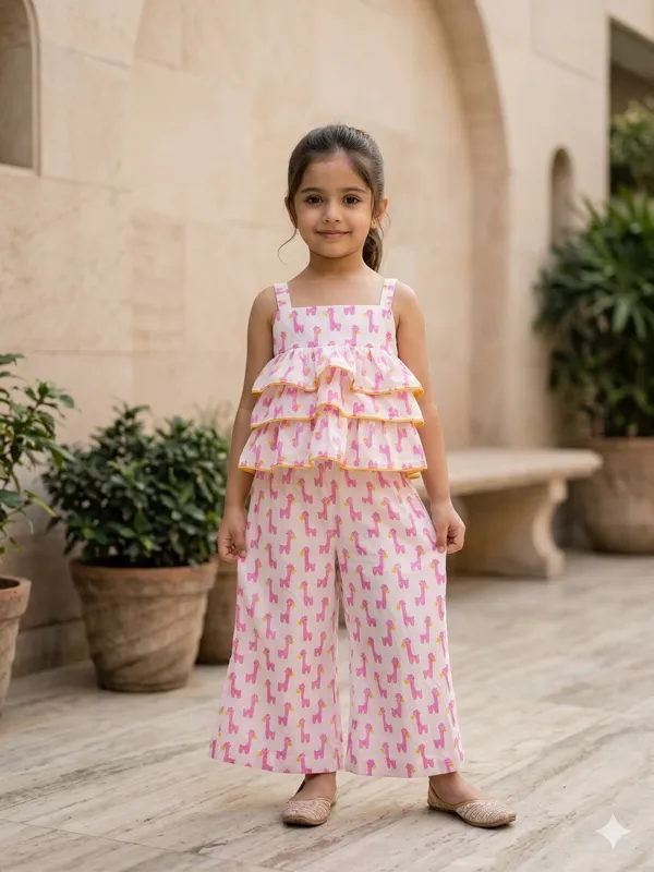 Pink_&_White_Giraffe_Cotton_Hand_Block_Printed_Co-Ord_Set_with_Layered_Top_&_Pants_for_Girls