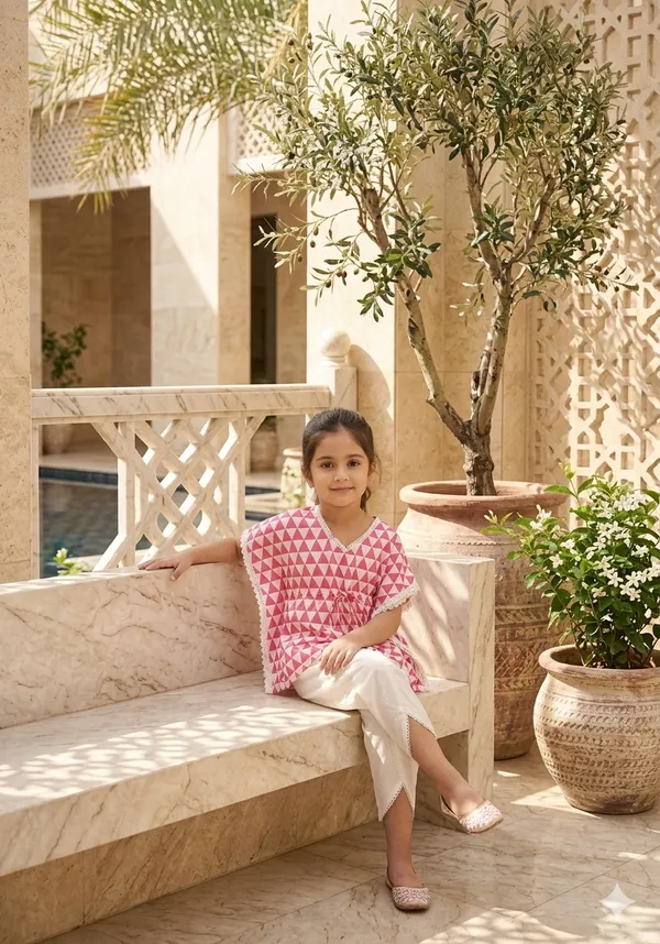 Red_&_White_Cotton_Hand_Block_Printed_Kaftan_Top_with_Dhoti_Style_Pants_for_Girls