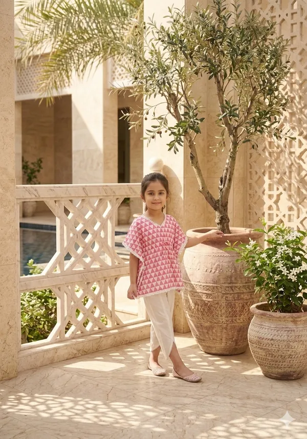 Red_&_White_Cotton_Hand_Block_Printed_Kaftan_Top_with_Dhoti_Style_Pants_for_Girls