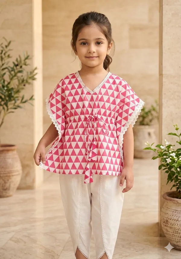Red_&_White_Cotton_Hand_Block_Printed_Kaftan_Top_with_Dhoti_Style_Pants_for_Girls