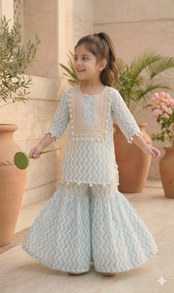 Sky_Blue_Cotton_Hand_Block_Printed_Kurta_&_Sharara_Set_for_Girls