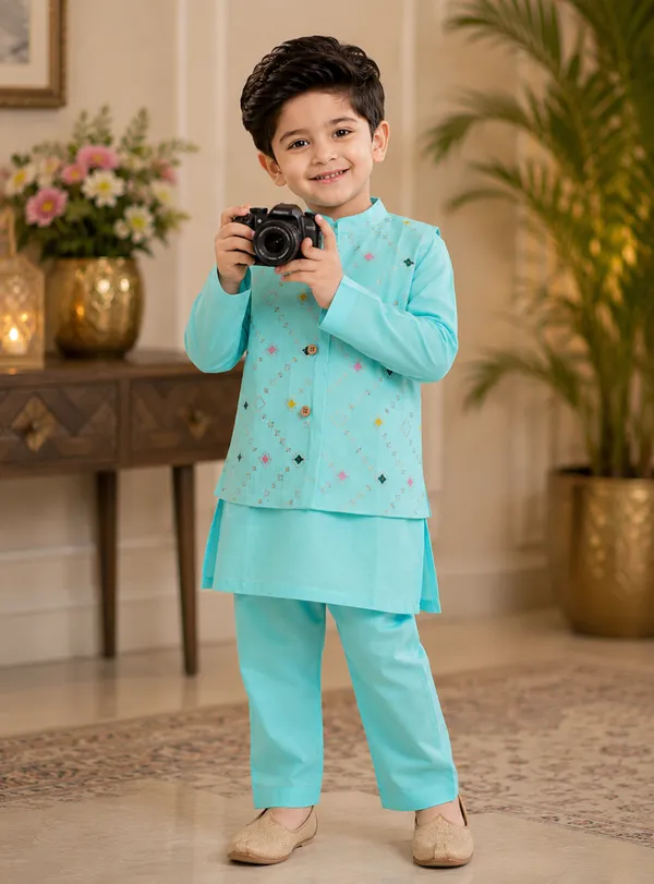 Sky_Blue_Cotton_Kurta_with_Hand_Embroidered_Jacket_and_Pajama_-_Set_of_3