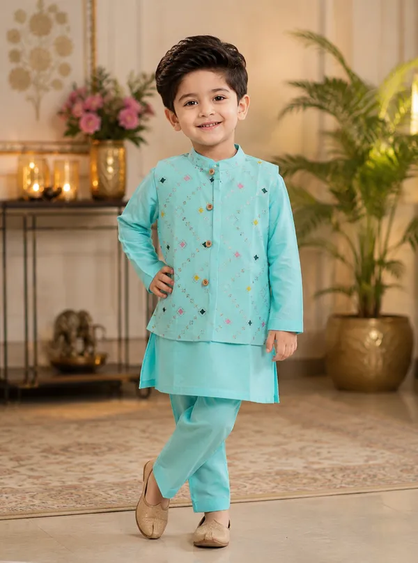 Sky_Blue_Cotton_Kurta_with_Hand_Embroidered_Jacket_and_Pajama_-_Set_of_3