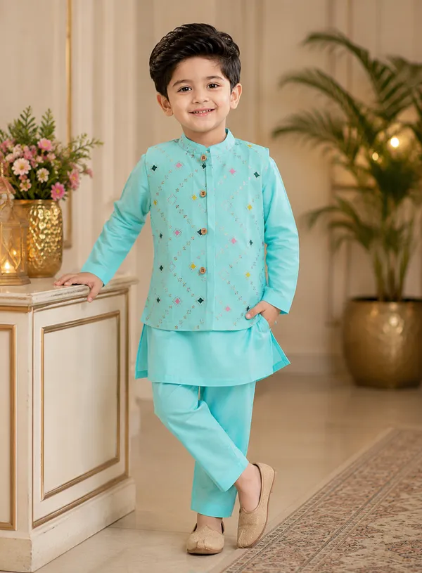 Sky_Blue_Cotton_Kurta_with_Hand_Embroidered_Jacket_and_Pajama_-_Set_of_3