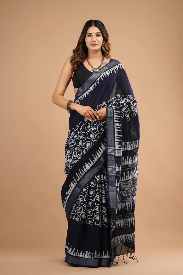 Navy_Blue_Cotton_Linen_Premium_Saree_With_Unstitched_Blouse_For_Women