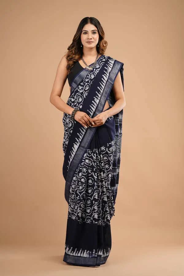 Navy_Blue_Cotton_Linen_Premium_Saree_With_Unstitched_Blouse_For_Women