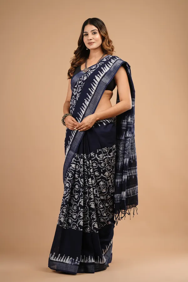 Navy_Blue_Cotton_Linen_Premium_Saree_With_Unstitched_Blouse_For_Women