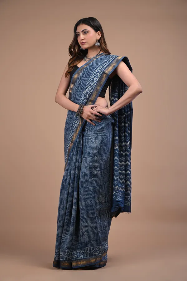 Indigo_Blue_Maheshwari_Silk_Premium_Saree_With_Unstitched_Blouse_For_Women