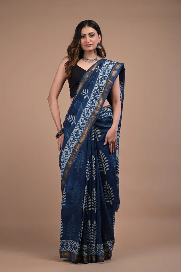 Indigo_Blue_Maheshwari_Silk_Premium_Saree_With_Unstitched_Blouse_For_Women