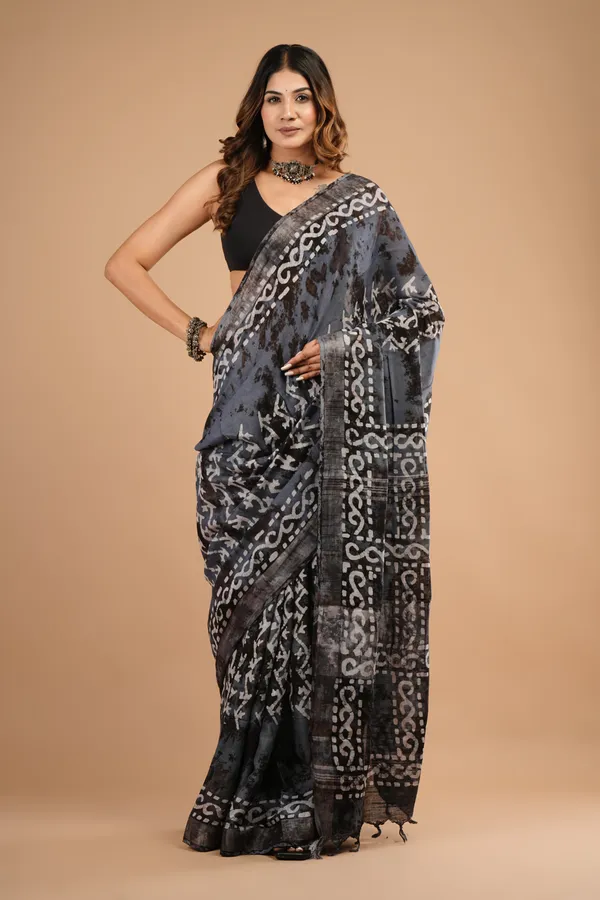 Grey_And_Black_Cotton_Linen_Premium_Saree_With_Unstitched_Blouse_For_Women