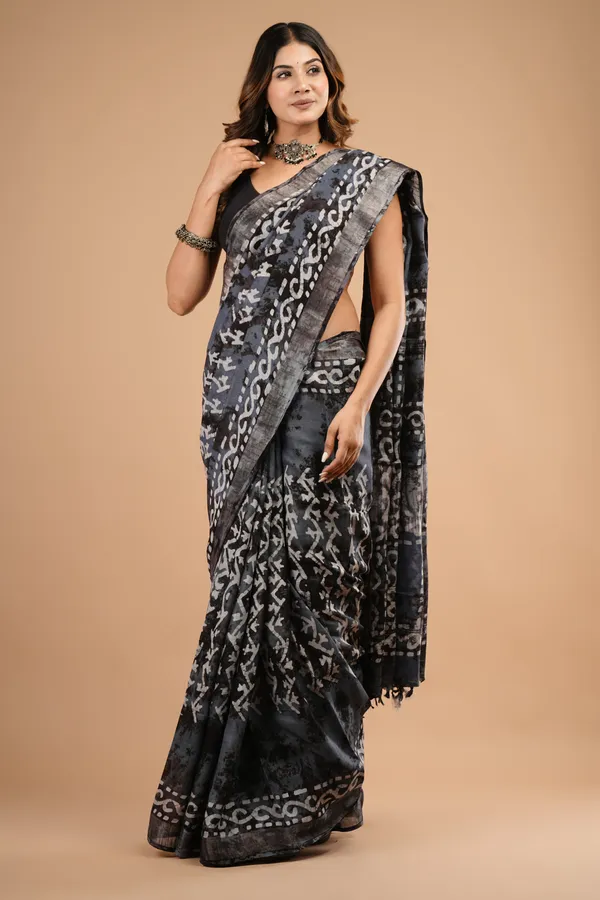 Grey_And_Black_Cotton_Linen_Premium_Saree_With_Unstitched_Blouse_For_Women