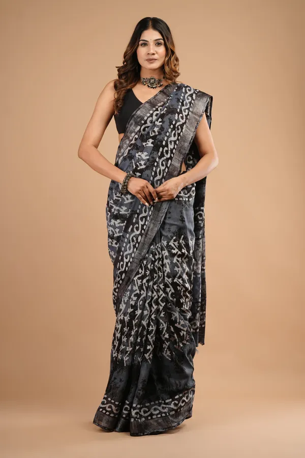Grey_And_Black_Cotton_Linen_Premium_Saree_With_Unstitched_Blouse_For_Women