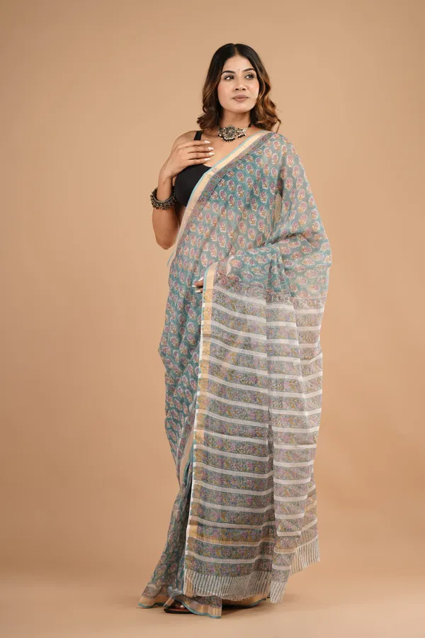 Teal_Kota_Doriya_Premium_Saree_With_Unstitched_Blouse_For_Women