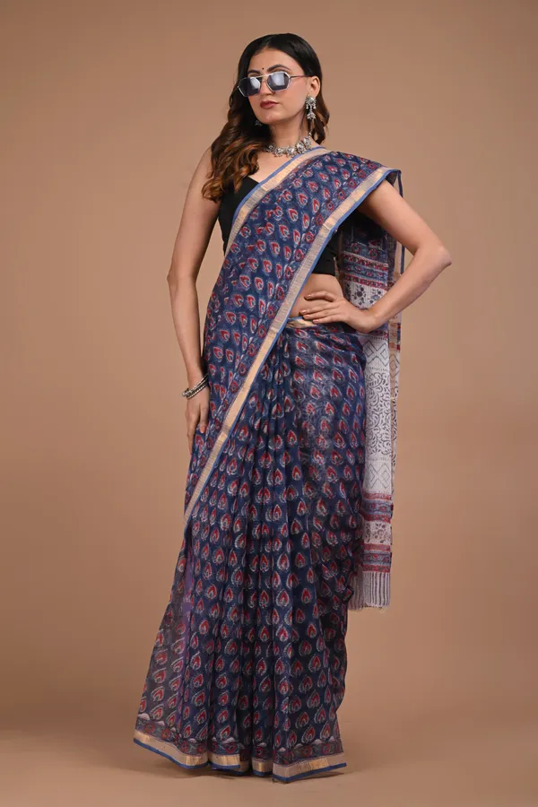 Navy_Blue_And_Red_Kota_Doriya_Premium_Saree_With_Unstitched_Blouse_For_Women