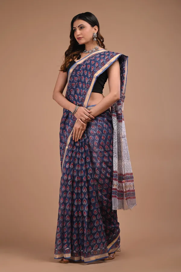 Navy_Blue_And_Red_Kota_Doriya_Premium_Saree_With_Unstitched_Blouse_For_Women