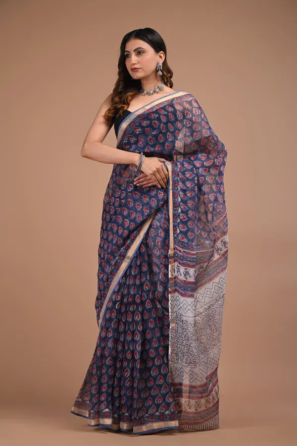 Navy_Blue_And_Red_Kota_Doriya_Premium_Saree_With_Unstitched_Blouse_For_Women