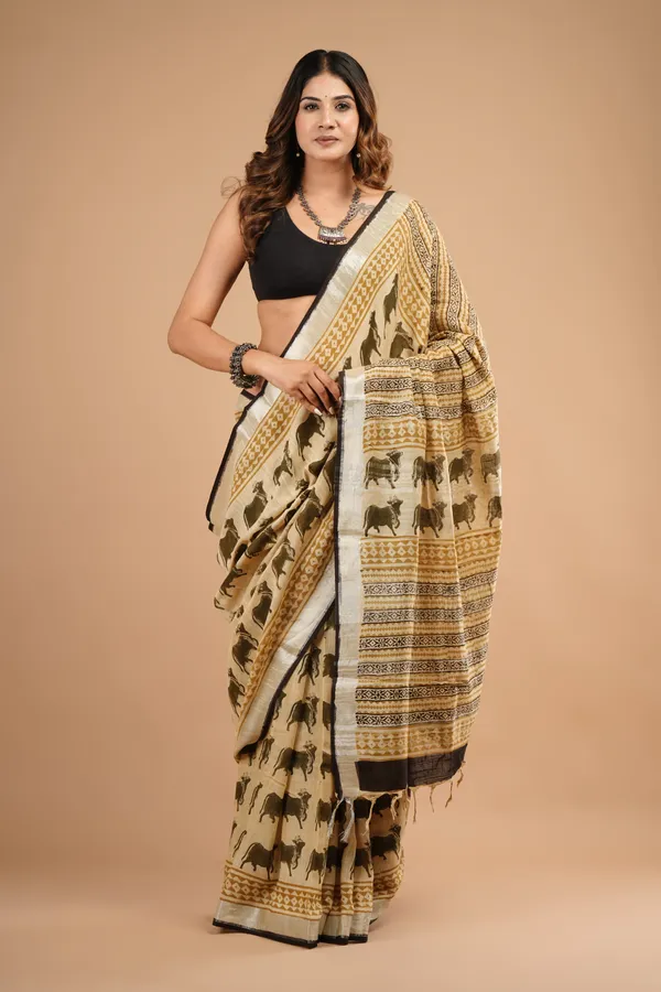 Beige_An_D_Light_Khaki_Cotton_Linen_Premium_Saree_For_India