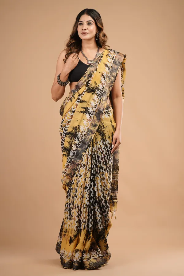 Mustard_Yellow_Cotton_Linen_Premium_Saree_With_Unstitched_Blouse_For_Women