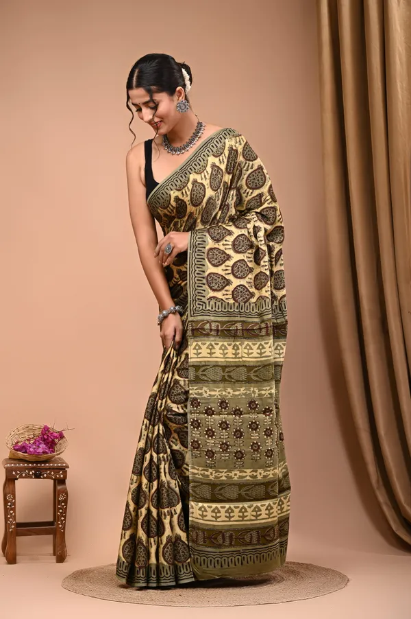 Olive_Green_Modal_Silk_Premium_Saree_With_Unstitched_Blouse_For_Women