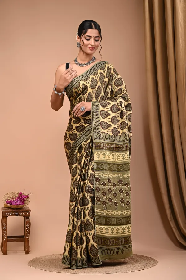 Olive_Green_Modal_Silk_Premium_Saree_With_Unstitched_Blouse_For_Women