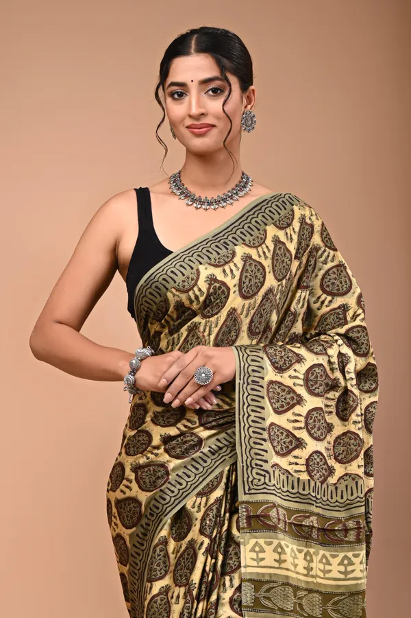 Olive_Green_Modal_Silk_Premium_Saree_With_Unstitched_Blouse_For_Women