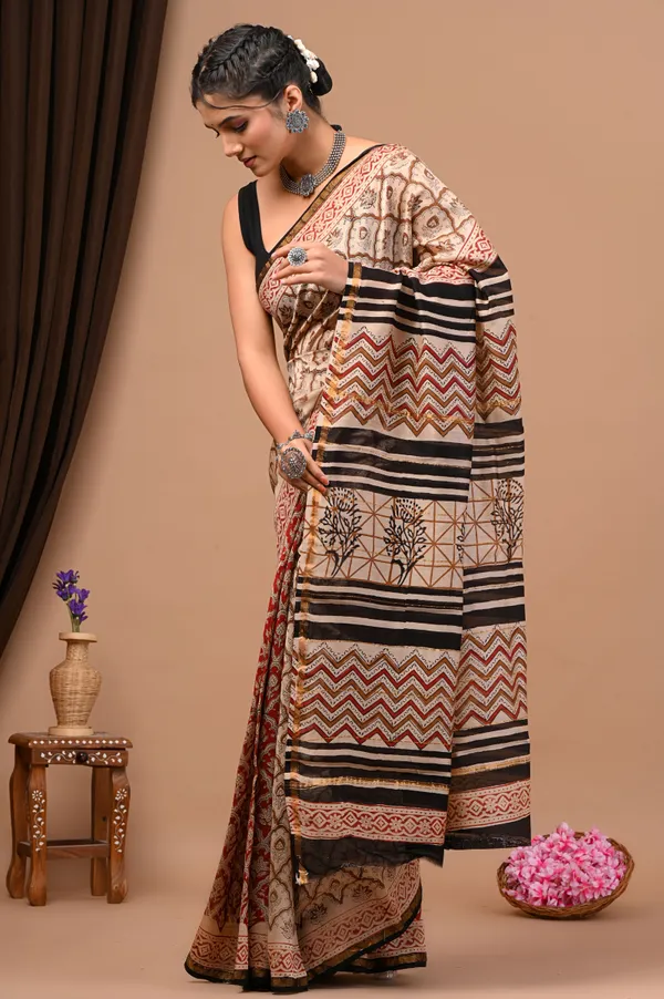Combination_Of_Cream/Beige_And_Red_Chanderi_Silk_Saree_Premium_Saree_With_Unstitched_Blouse_For_Women