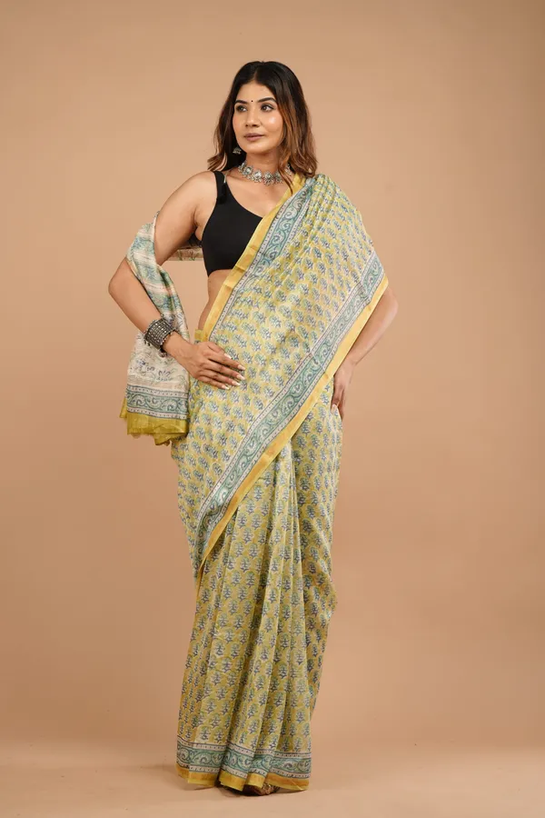 Yellow_And_Light_Green_Chanderi_Silk_Premium_Saree_With_Unstitched_Blouse_For_Women
