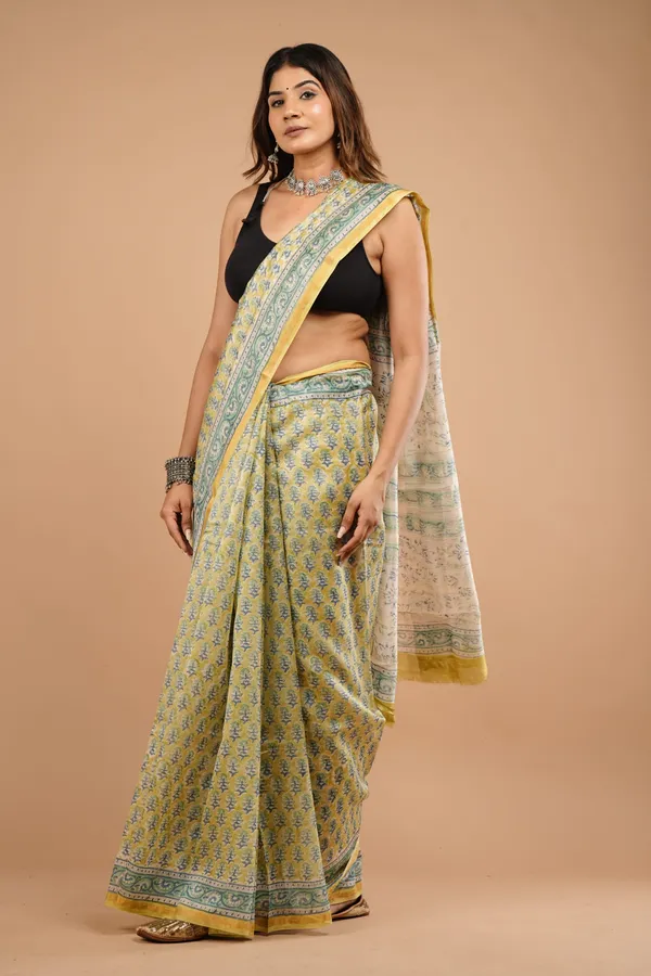 Yellow_And_Light_Green_Chanderi_Silk_Premium_Saree_With_Unstitched_Blouse_For_Women