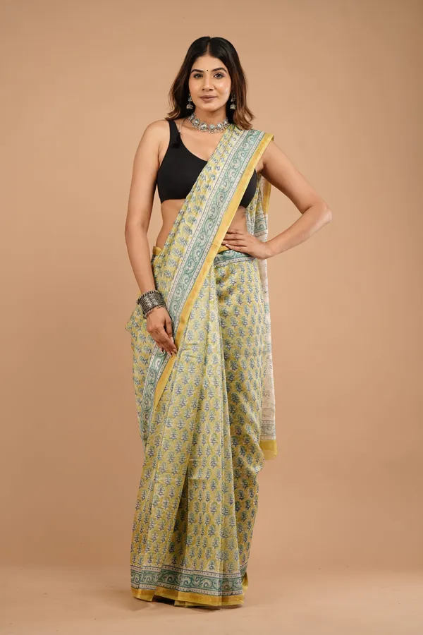 Yellow_And_Light_Green_Chanderi_Silk_Premium_Saree_With_Unstitched_Blouse_For_Women