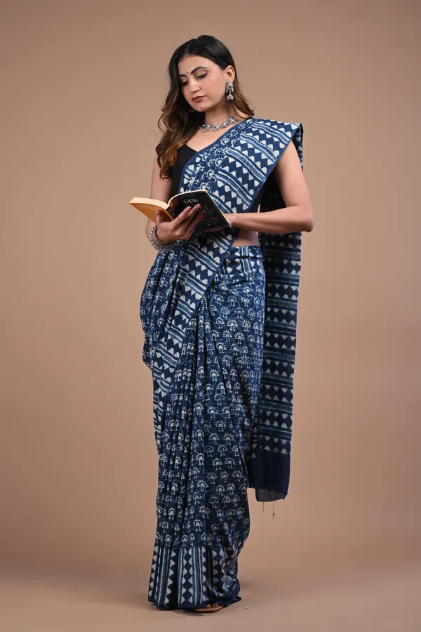 Navy_Blue_Cotton_Voile_Premium_Saree_With_Unstitched_Blouse_For_Women
