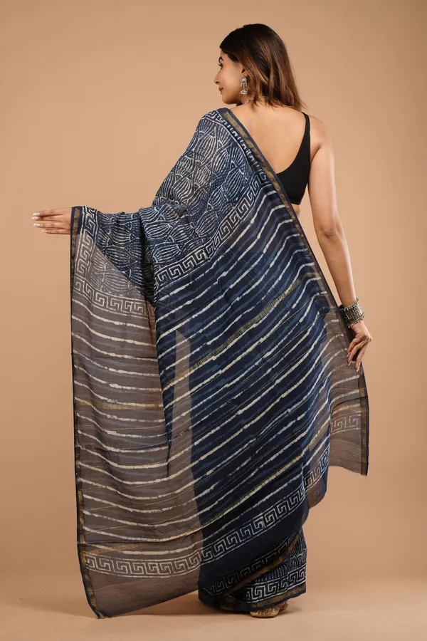 Indigo_Chanderi_Silk_Premium_Saree_With_Unstitched_Blouse_For_Women